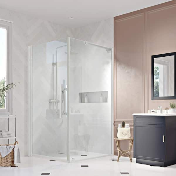 OVE Decors Pasadena 32-3/16 in. W x 72 in. H Rectangular Pivot Frameless Corner Shower Enclosure in Satin Nickel