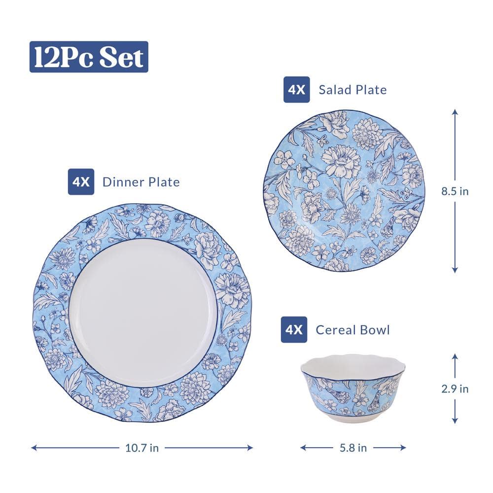 Cleremont Blue Floral Porcelain 12-Piece Dinnerware Set