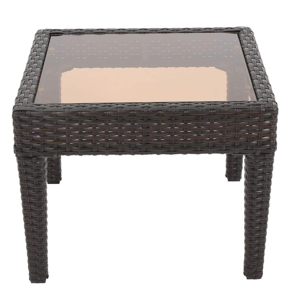 Brown Multi PE Rattan Wicker Outdoor Side Table with Tempered Glass Top
