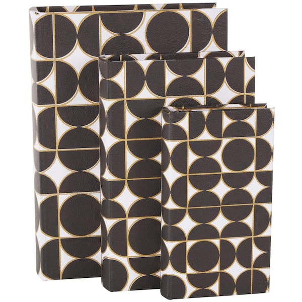 Litton Lane Rectangle Faux Leather Faux Book Storage Box with White and Gold Geometric Patterns (Set of 3)