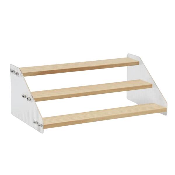 3 Tier Natural Wood and Corrugated Acrylic 12 in Countertop Tiered Spice Jar Rack Organizer Shelf