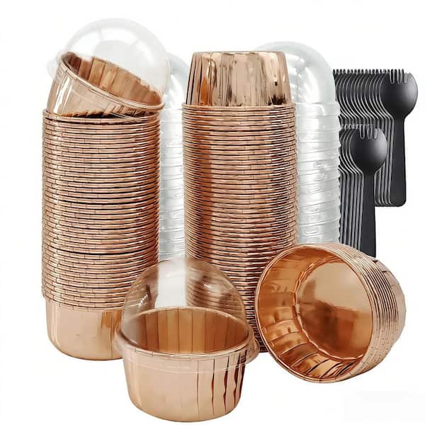 5.5 oz. Disposable Foil Cupcake Tins Baking Cups with Spoons for Baking Cakes Cookies, White (100-Pack)