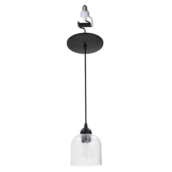 Instant Pendant 1-Light Matte Black Recessed Light Conversion Kit with Clear Hammered Glass Shade