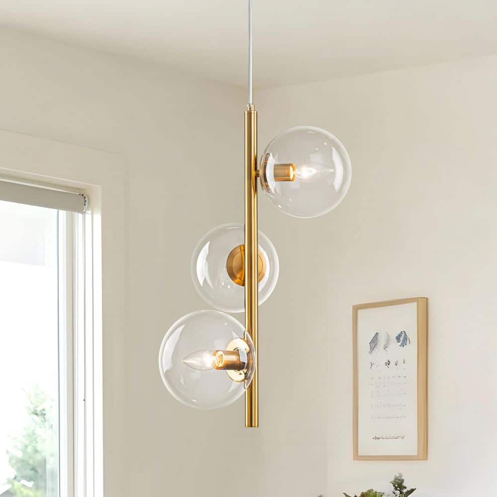 TinHon Modern Gold 3-Light Globe Pendant Light, Opal Glass Hanging