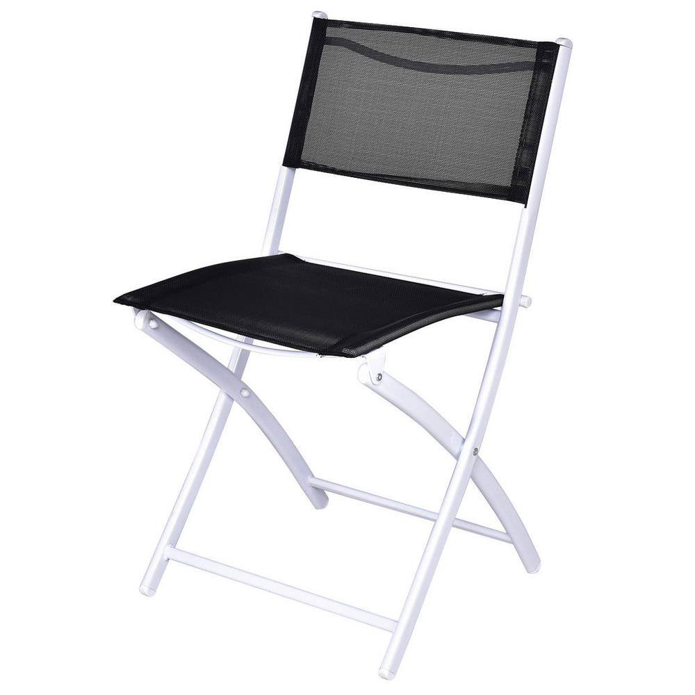 White metal bistro chair with black seat and mesh back.