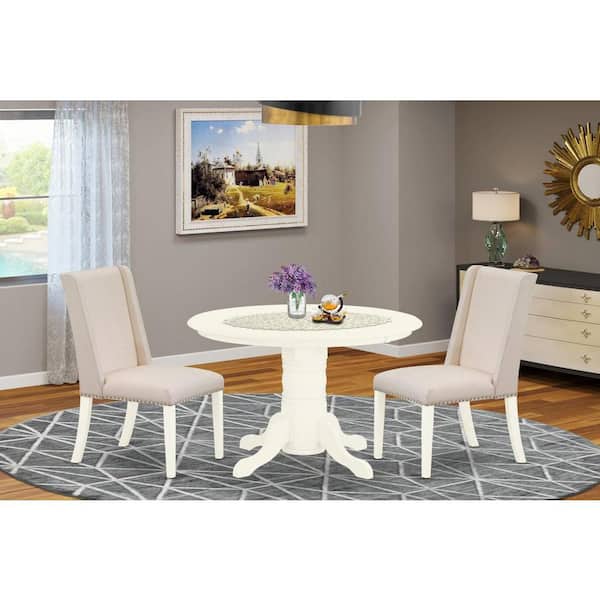 East West Furniture 3-Piece Linen white Solid Wood Top - Round Upholstered Dining Room Set - Seats 4