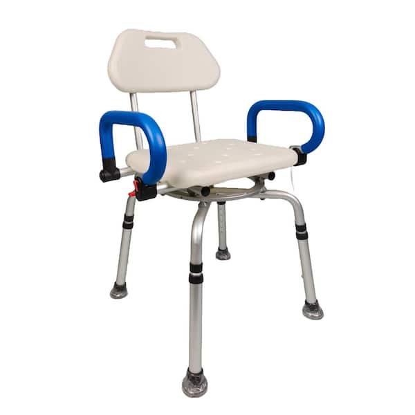 iLIVING ILG-608 Waterproof Aluminum Shower Chair with Rotating Seat Backrest and Padded Armrests, Blue/White