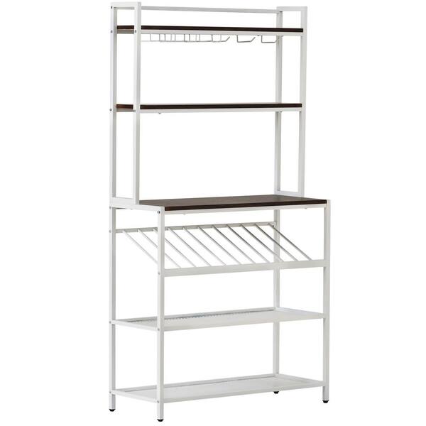 FORCLOVER Industrial Modern White 6-Tier Baker Rack with Glass Cup Holders and Wine Racks