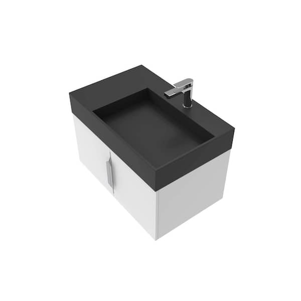 castellousa 30 in W x 18.9 in D x 19.75 in H Single Right Sink Bath Vanity in White w Brushed Nickel Trim w Solid Surface Black Top