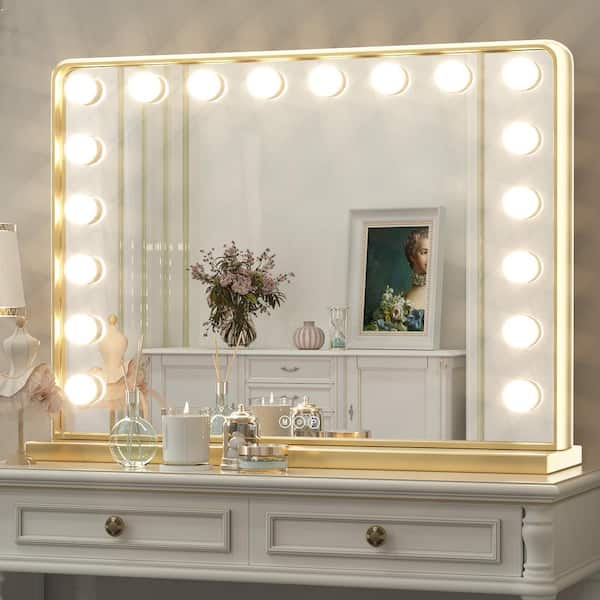 KeonJinn 32 in. W x 24 in. H Hollywood Vanity Mirror Light, Makeup Dimmable  Lighted Mirror for Table in Brass Gold Frame HLWJZ-8060gd - The Home Depot