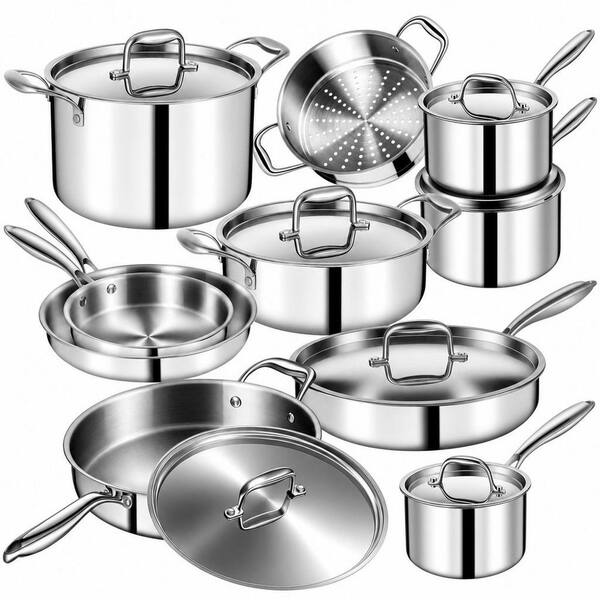 17-Piece Stainless Steel Cookware Set, Pot and Pan Set Non-Toxic PFOA PTFE PFOS Free in Silver