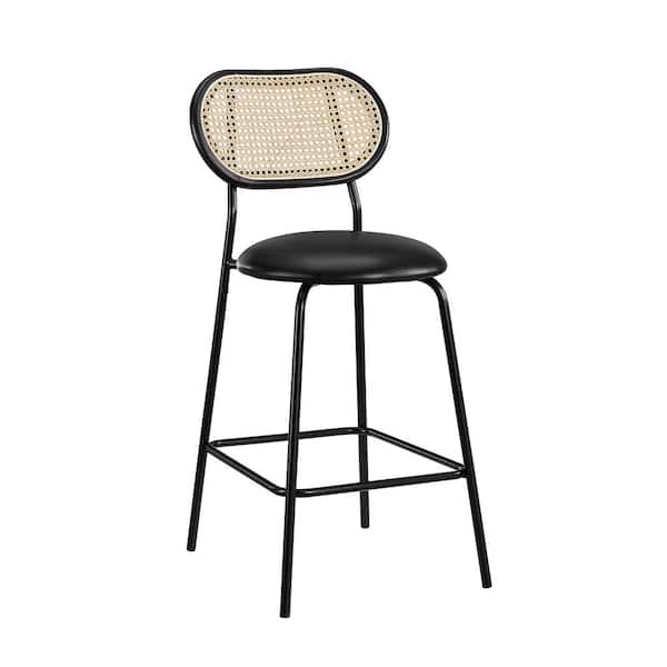 Art Leon SIASY 26.57 in. Rattan Low Backrest Black Faux Leather Bar Stool with Metal Legs (1-Piece)
