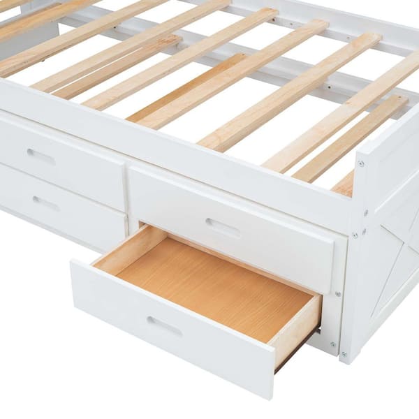 White Wood Frame Twin Size Platform Bed with Storage Headboard with Outlets, Twin Size Trundle with 3 Storage Drawers