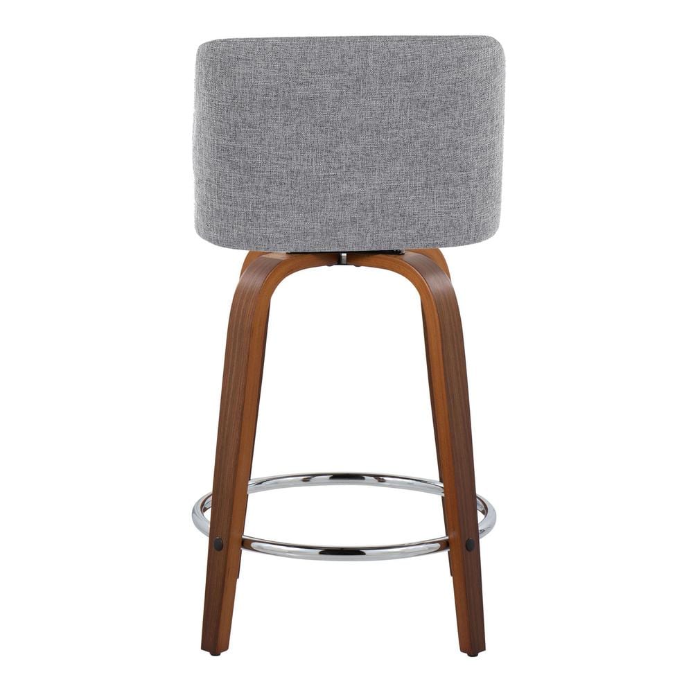 Walnut Wood and Gray Fabric Swivel Counter Stool with Chrome Base