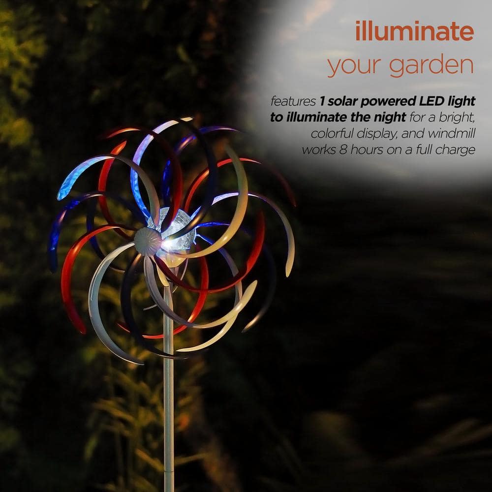 68" Tall Red, White, and Blue Iron Wind Spinner with Solar LED Light
