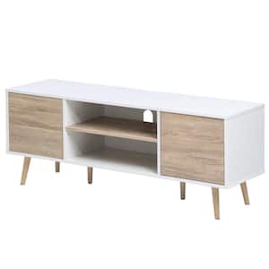 Mid Century 55 in. White and Oak TV Stand with Ajustable Shelf Fits TV's up to 60 in. with Cable Management