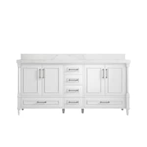 Hudson 72 in. W x 22 in. D x 36 in. H Double Sink Bath Vanity in White with 2 in. Calacatta Nuvo Quartz Top