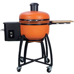 Outdoors Patio Orange 24 in. Smoked Roasted BBQ Ceramic Pellet Grill in Color with 19.6 in Gridiron Double Ceramic Liner