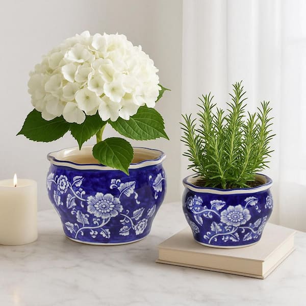 Round Chinoisere Planters (Set of 2) - Blue / White | Sagebrook Home