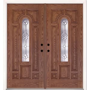 74 in. x 81.625 in. Medina Zinc Center Arch Lite Stained Medium Oak Right-Hand Fiberglass Double Prehung Front Door
