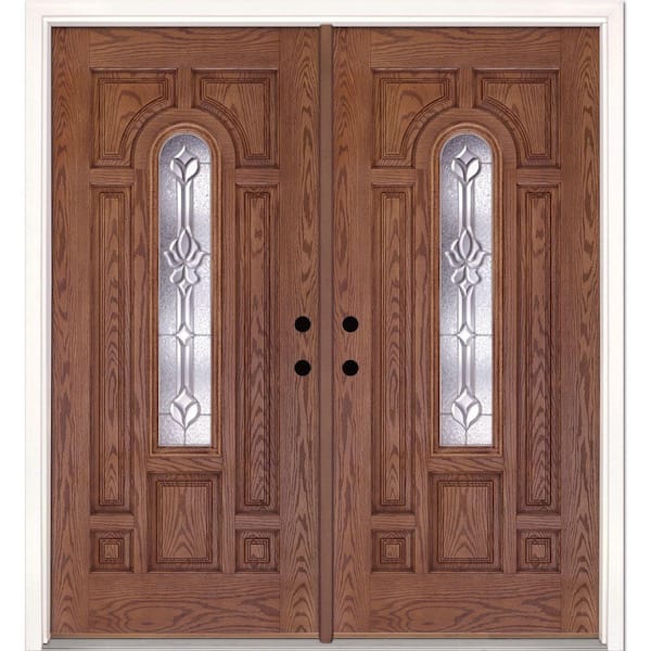 Feather River Doors 74 in. x 81.625 in. Medina Zinc Center Arch Lite Stained Medium Oak Right-Hand Fiberglass Double Prehung Front Door