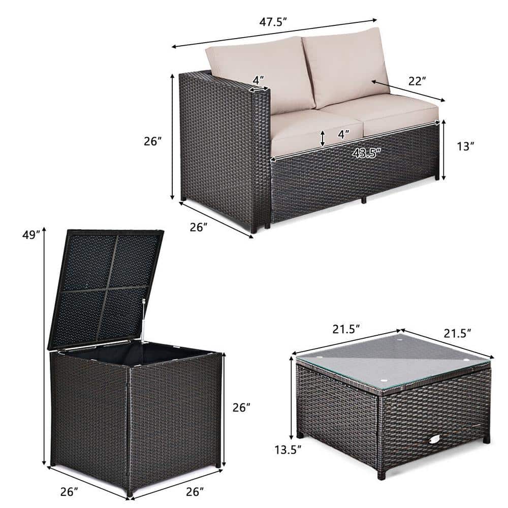 Brown 4-Piece Rattan Wicker Outdoor Patio Set with Cushions