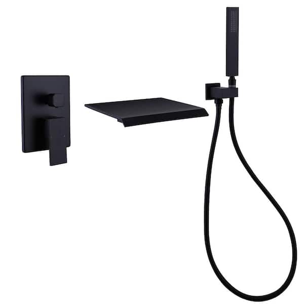 Single-Handle Wall-Mount Roman Tub Faucet with Hand Shower Modern 3-Hole Waterfall Brass Bath Tub Fillers in Matte Black
