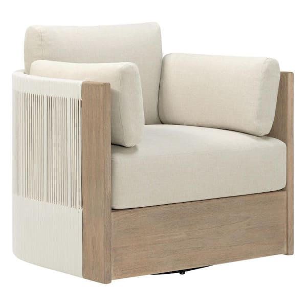 Lazlo Cream Fully Assembled Wood Swivel Outdoor Lounge Chair with Handwoven Rope and Extra Thick Cushions for Patio