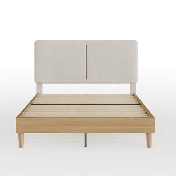 Upholstered Bed Frame with Linen Fabric Headboard, Strong Wood Slats Supports Platform Bed, Full Size Bed, Beige