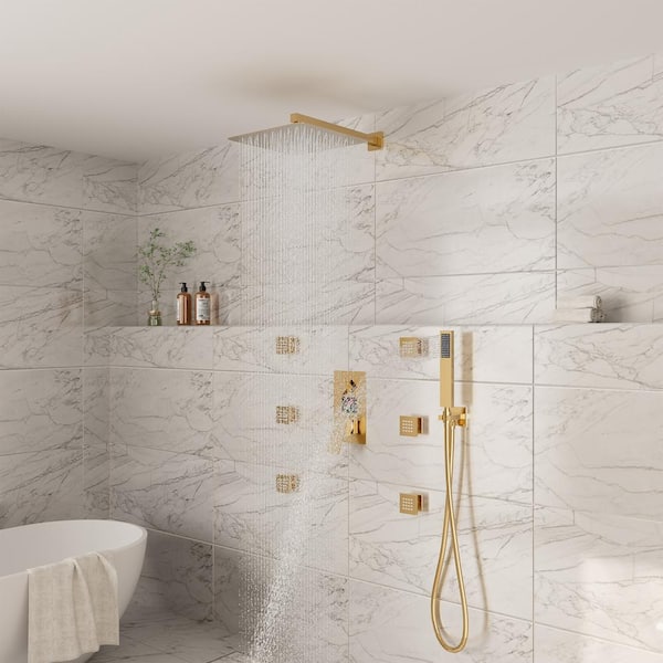 3-Spray 12 in. Dual Shower Head Wall Mount Fixed and Handheld Shower Head 2.5 GPM with 6-Body Jets in Brushed Gold