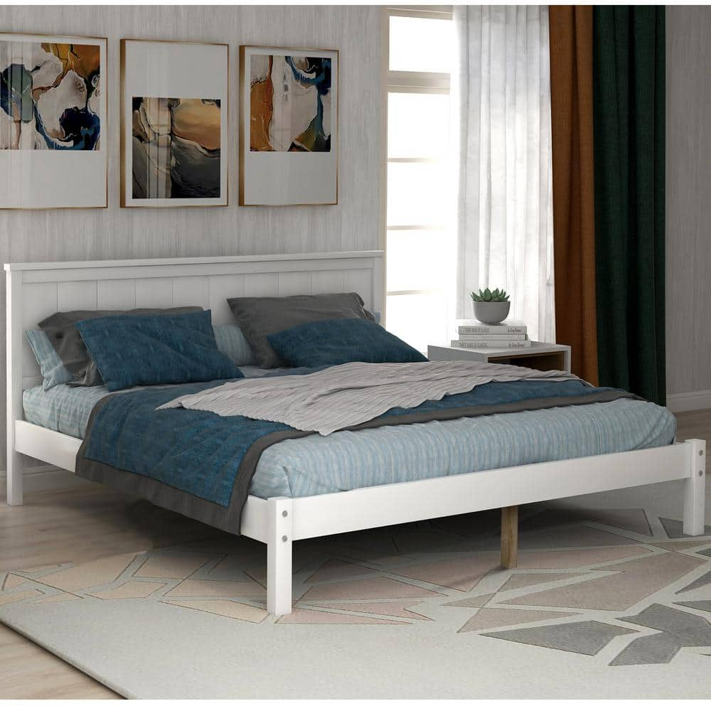 Polibi White Wood Frame Full Size Platform Bed Frame With Headboard ...