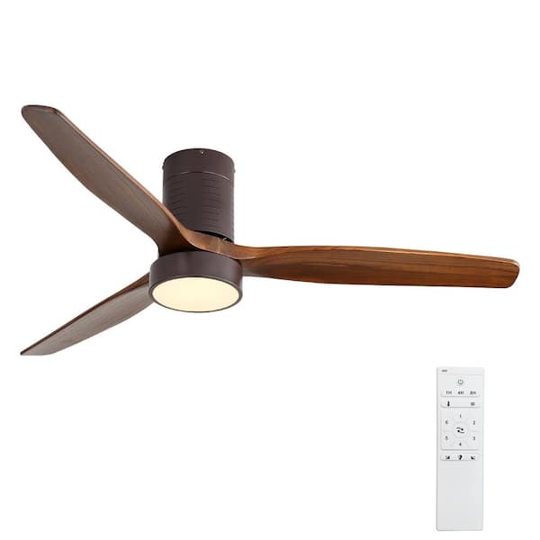 Runesay 52 in. Indoor Low Profile LED Light Ceiling Fan in Coffee with 3 Carved Wood Fan Blade and Remote Control