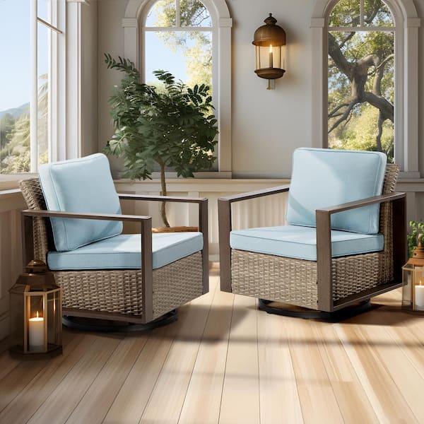 Gardenbee Wicker Outdoor Rocking Chair Patio Swivel Chair with Metal Frame and Baby Blue Cushions