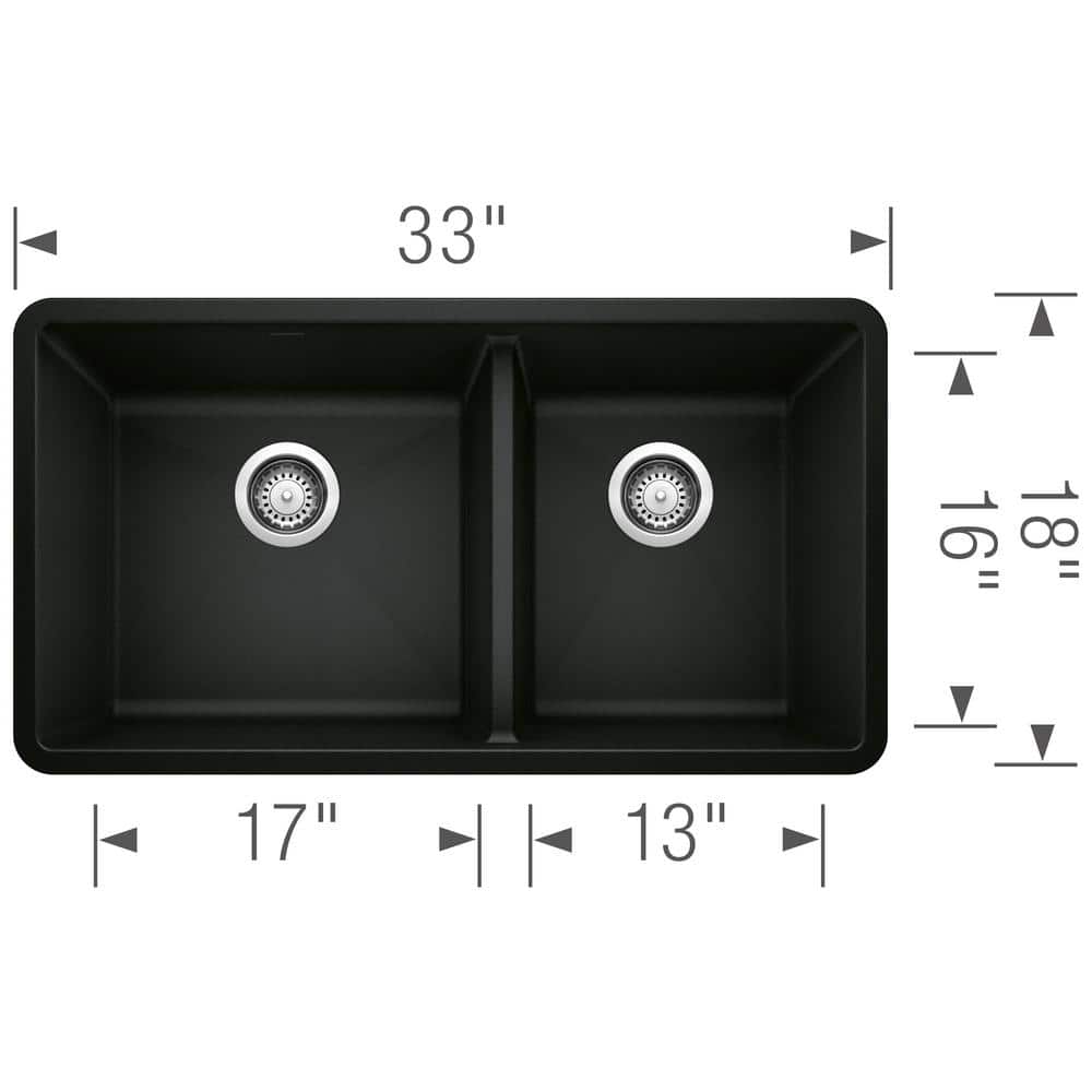 Coal Black 33" Granite Composite Double Bowl Undermount Kitchen Sink