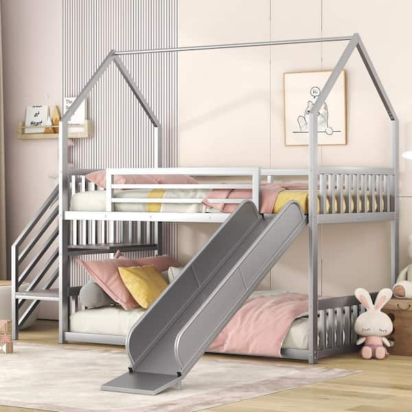 Polibi Twin over Twin Metal House Bunk Bed with Slide and Staircase, Silver