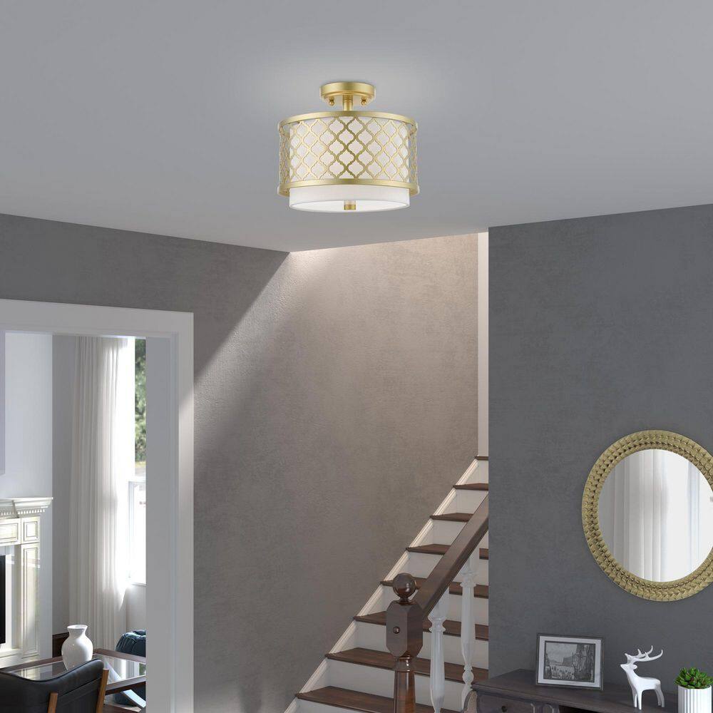 Arabesque Soft Gold Drum Semi-Flush Mount with Off-White Shade