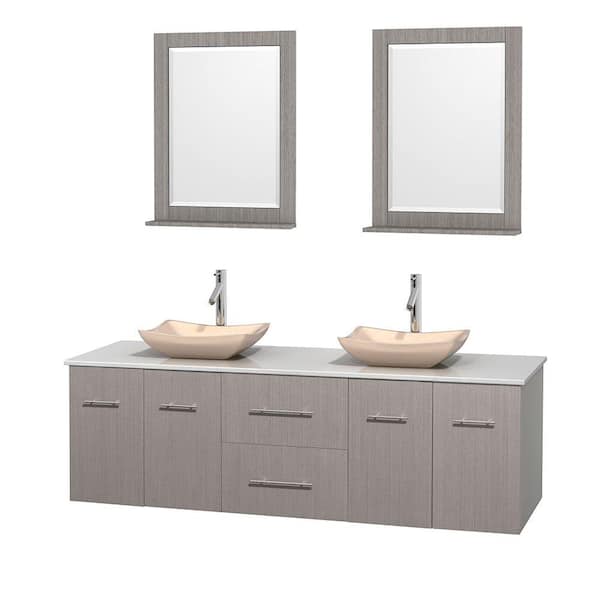 Wyndham Collection Centra 72 in. Double Vanity in Gray Oak with Solid-Surface Vanity Top in White, Ivory Marble Sinks and 24 in. Mirrors