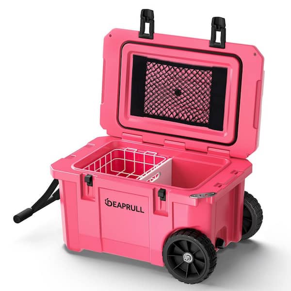 Pink 55 qt. Portable Chest Cooler, Leak-Proof Outdoor Insulated Cooler with Handle and Wheels, Bottle Opener