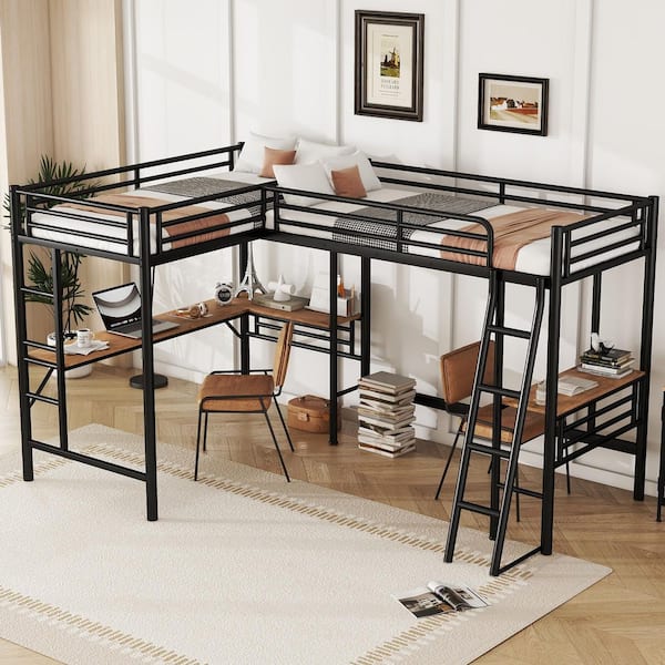 Harper & Bright Designs L-shaped Black Metal Twin Size Loft Bed with 2 Built-in Desks and 2 Ladders