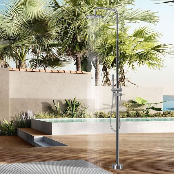 2-Handle 2-Spray Outdoor Freestanding Shower Faucet Kit 1.8 GPM Floor Mount Shower Kit with Hand Shower in Chrome