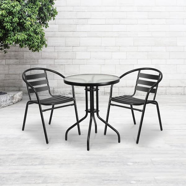 Black Lila Aluminum Slat Back Stacking Outdoor Restaurant Chair, Modern Stackable Patio Chair for Restaurants