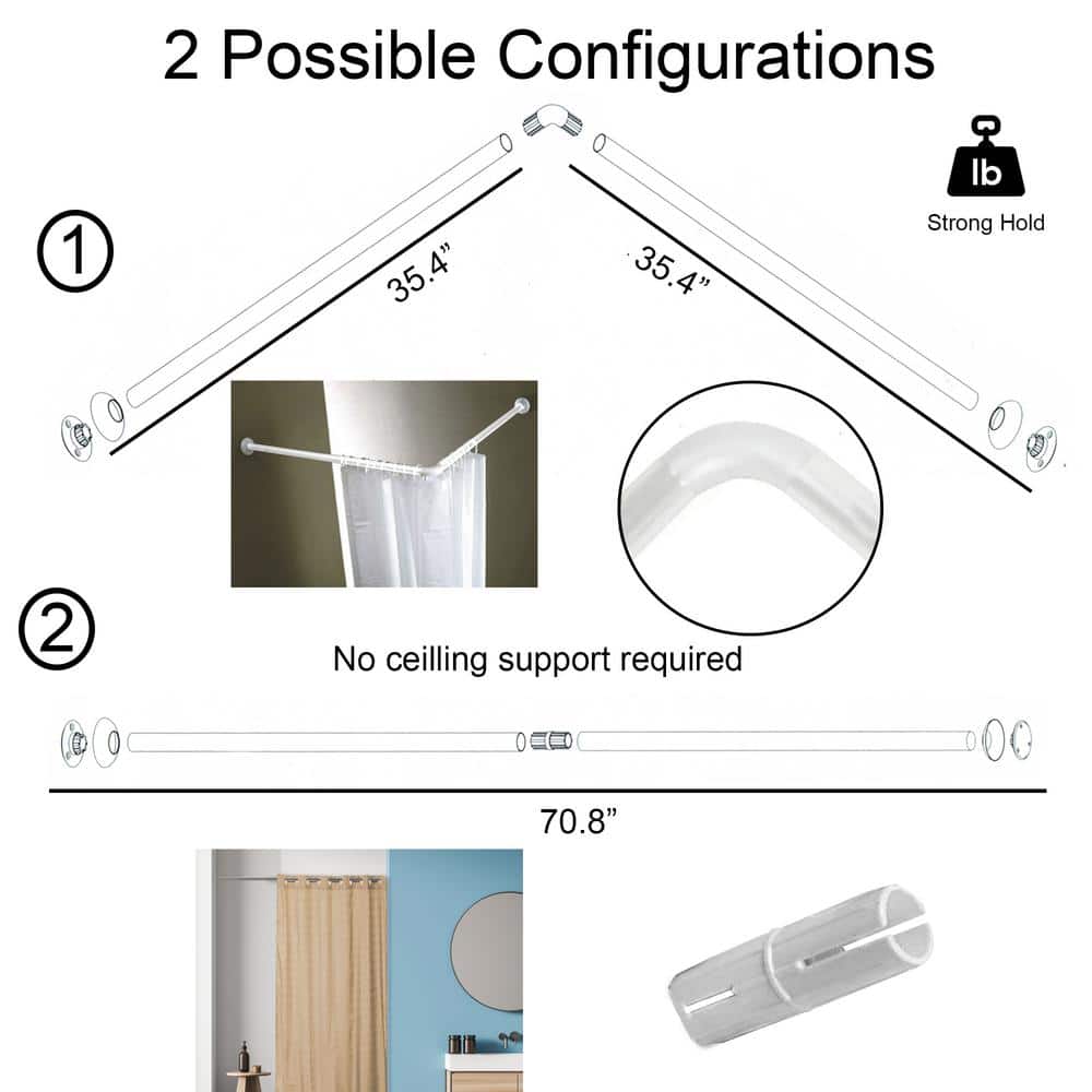 White L-Shaped Wall Mounted Corner Shower Curtain Rod