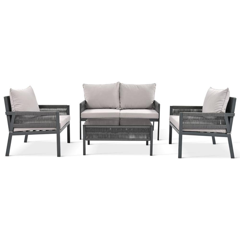 4-Piece Outdoor Patio Rope Sofa Set, 1 Tempered Glass Coffee Table with Gray Cushions and Cushions price history on PriceWatchPro