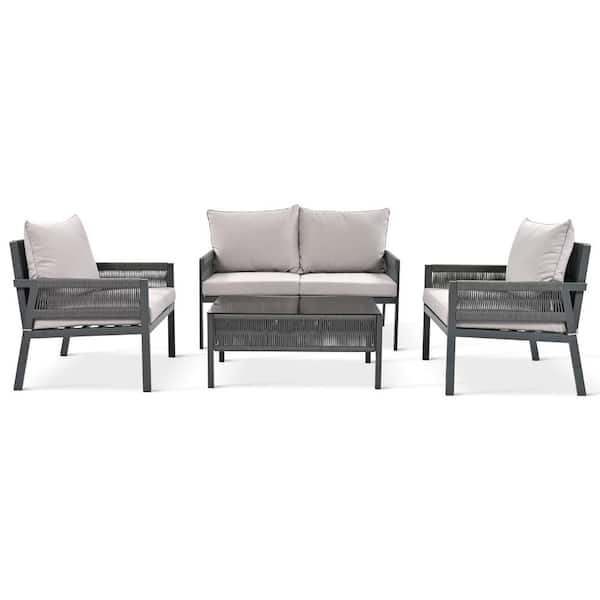 Tunearary 4-Piece Outdoor Patio Rope Sofa Set, 1 Tempered Glass Coffee Table with Gray Cushions and Cushions