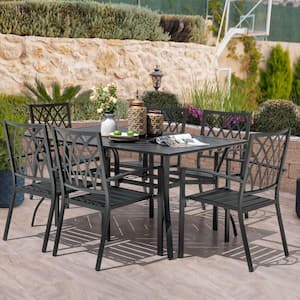 Black 7-Piece Iron Outdoor Dining Set 6 Stackable Chairs and Rectangle Splicing Dining Table with 1.77 in. Umbrella Hole
