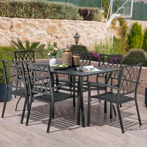 Nuu Garden Black 7-Piece Iron Outdoor Dining Set 6 Stackable Chairs and Rectangle Splicing Dining Table with 1.77 in. Umbrella Hole