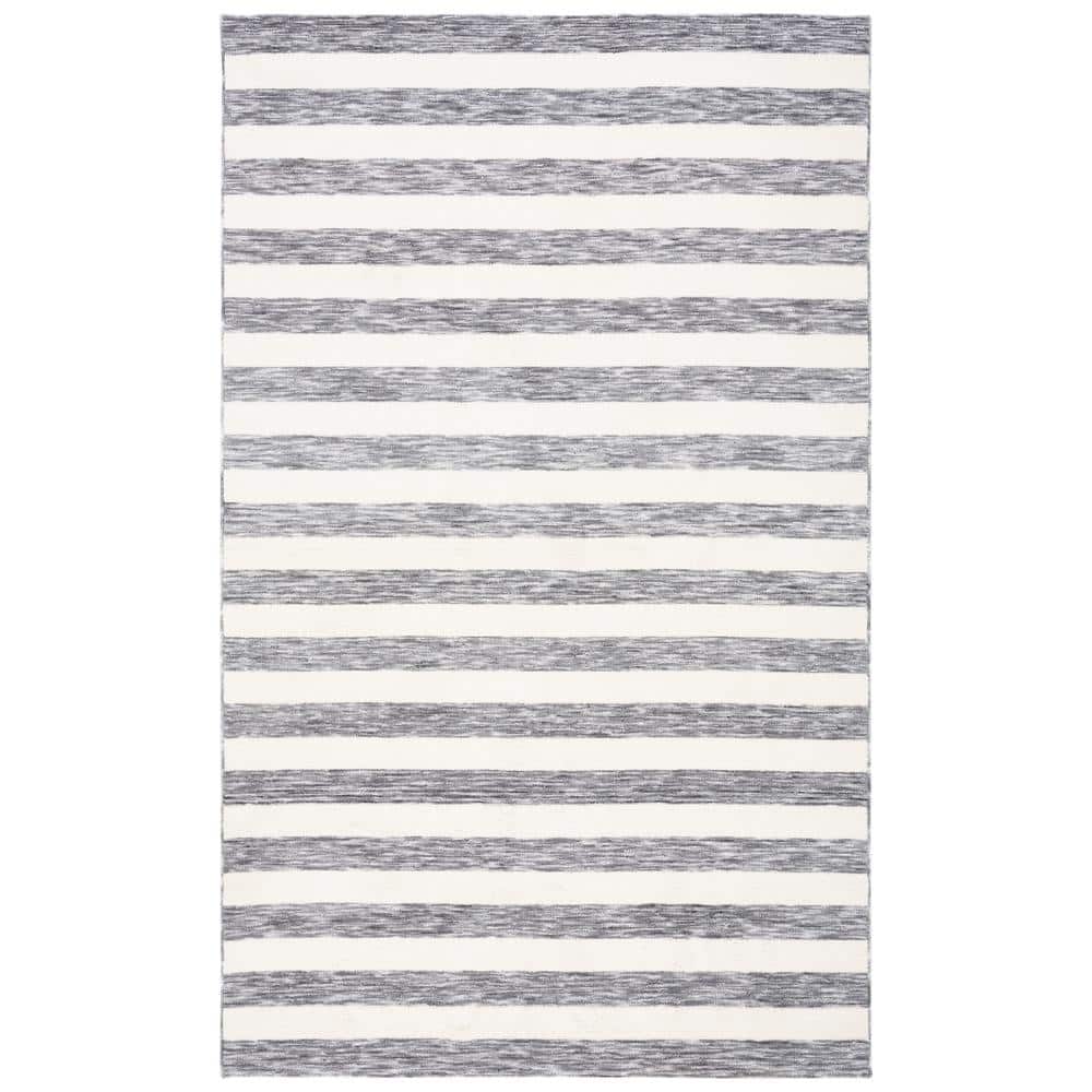 Dark Grey and Ivory Striped 6' x 9' Synthetic Area Rug