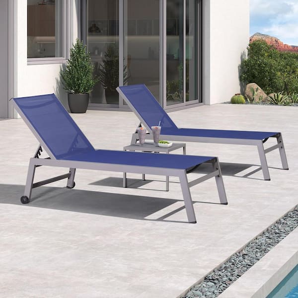 PURPLE LEAF Aluminum Light Grey Frame Outdoor Chaise Lounge Patio Lounge Chair with Side Table and Wheels Extra Large, Navy Blue