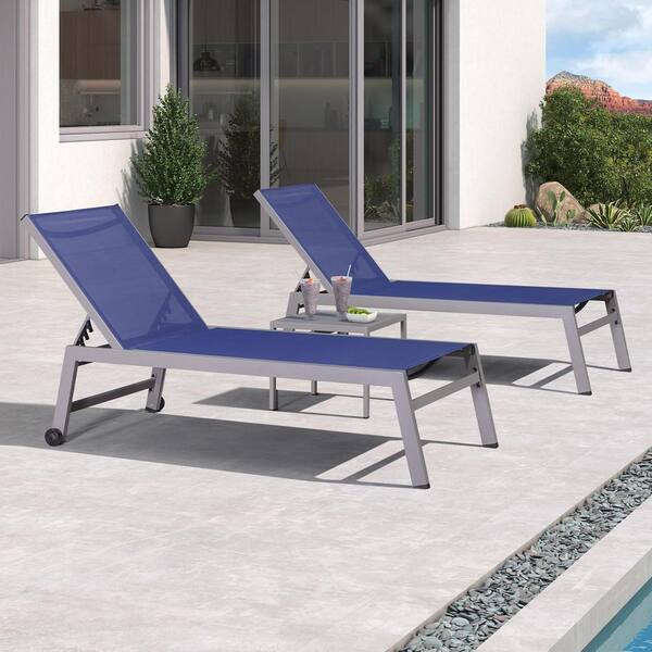 PURPLE LEAF Aluminum Light Grey Frame Metal Outdoor Patio Chaise Lounge with Side Table and Wheels Extra Large, Navy Blue