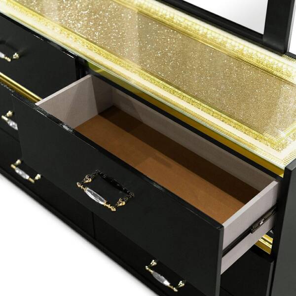 Furniture of America Saven Modern 2-Piece Black Solid Wood 6-Drawer Dresser and Mirror Set with LED Light
